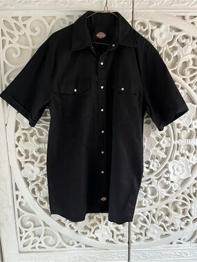 Dickies Black Short Sleeve Button Up Work Shirt Size M Classic Logo Utility